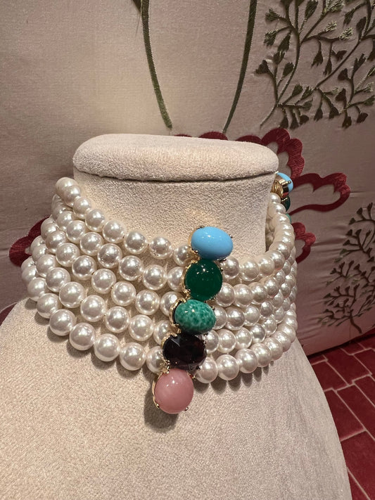 Manuela Ajo creazioni choker perle di Maiorca con pietre dure rosa viola turchese e verde