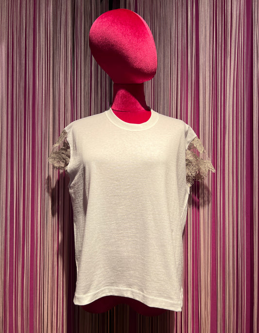 Pink memories t shirt over di cotone con pizzo alle maniche