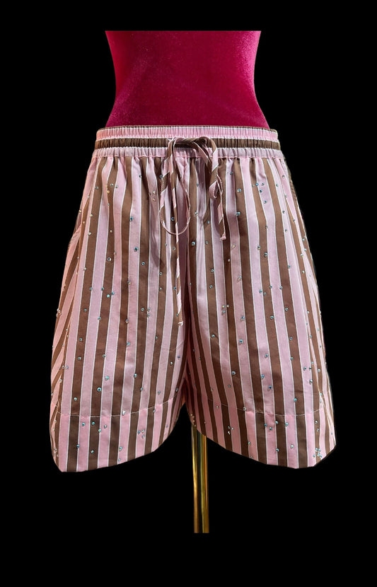 Essentiel antwerp short con elastico in vita misto cotone , fantasia a righe rosa e marrone decorazioni strass