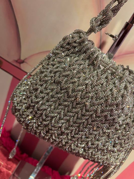 Borsa motivo intrecciato cristalli argento con frange di cristalli