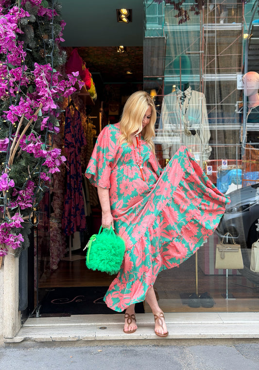 Mon amour Paris abito lungo con balze in seta scollato fantasia floreale verde e rosa