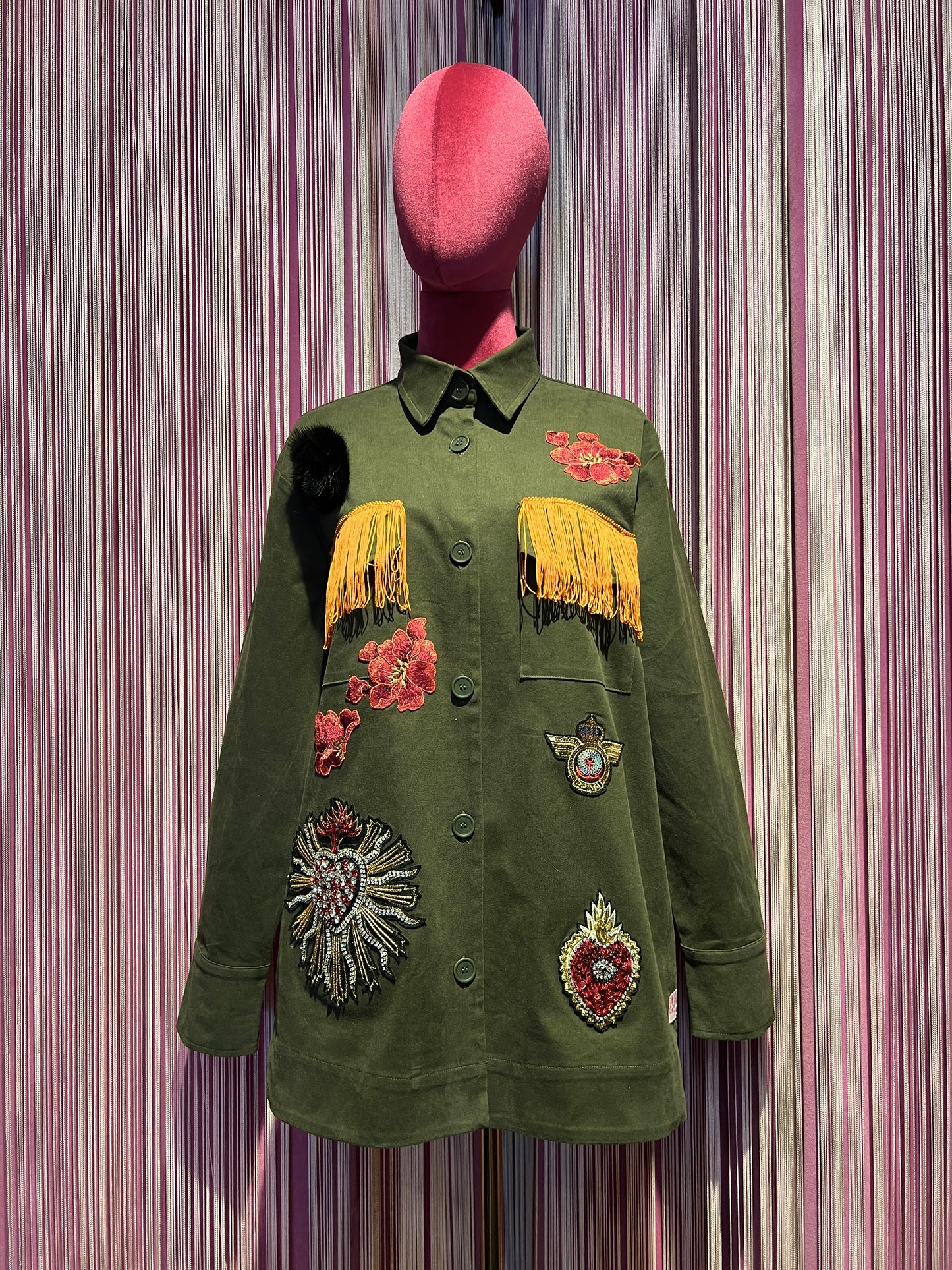 ABpink🩷 giacca Charlotte verde militare con patch cuore sacro tigre sul dietro, vestibilita’ 40/48