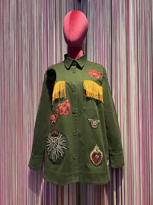 ABpink🩷 giacca Charlotte verde militare con patch cuore sacro tigre sul dietro, vestibilita’ 40/48