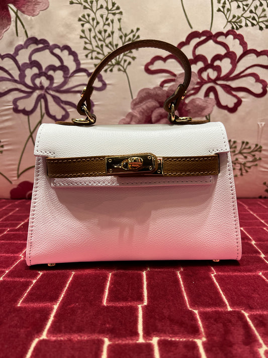 Borsa a mano pelle bianca con inserti cuoio e tracolla