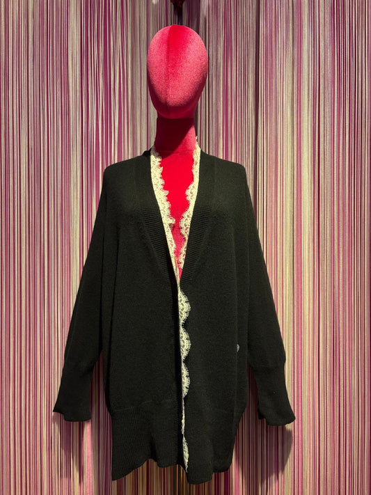 Pink memories cardigan nero con pizzo panna