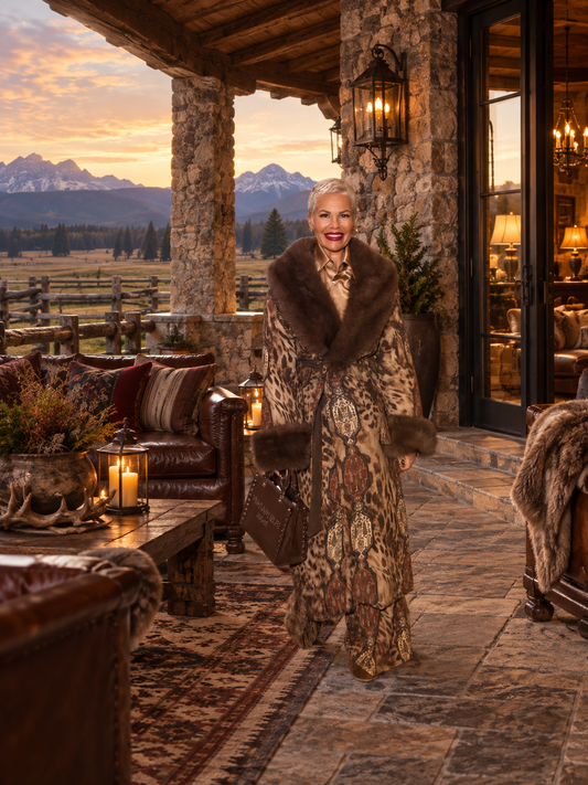 Front street cappotto a kimono con cinta fantasia animalier con collo e polsi in ecopelliccia