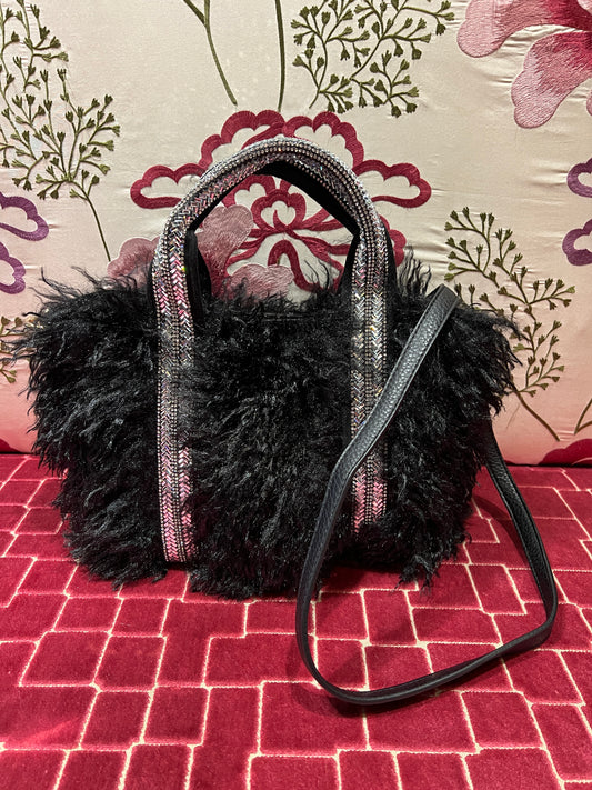 Borsa ecopelliccia nera piccola due manici Swarovski pochette e tracollina