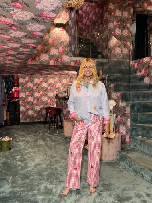 Love & roses pantalone a quadretti rosa e bianco tasche a cuore