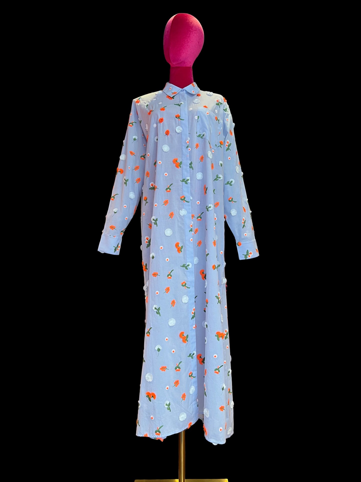 Essentiel antwerp abito chemisier celeste con decorazioni floreali in paillettes strass e perline arancione verdi