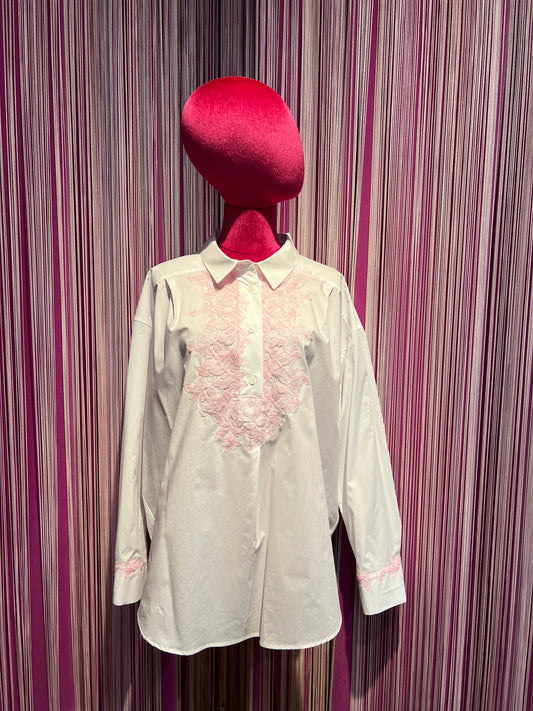 Ermanno Scervino camicia bianca con pizzo rosa fiocco posteriore