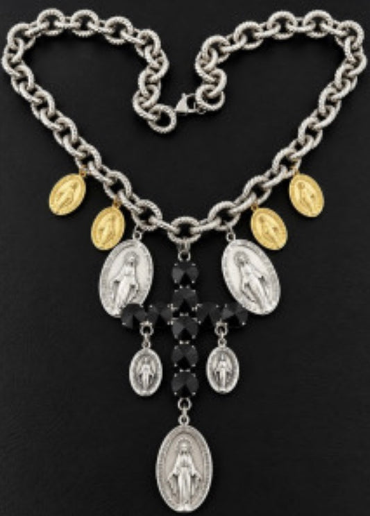 TittiBi collana catena argentata con croce zirconi neri charms immagini sacre dorati e argentati