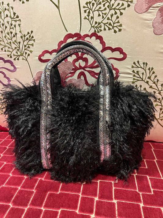 Borsa ecopelliccia nera piccola due manici Swarovski pochette e tracollina