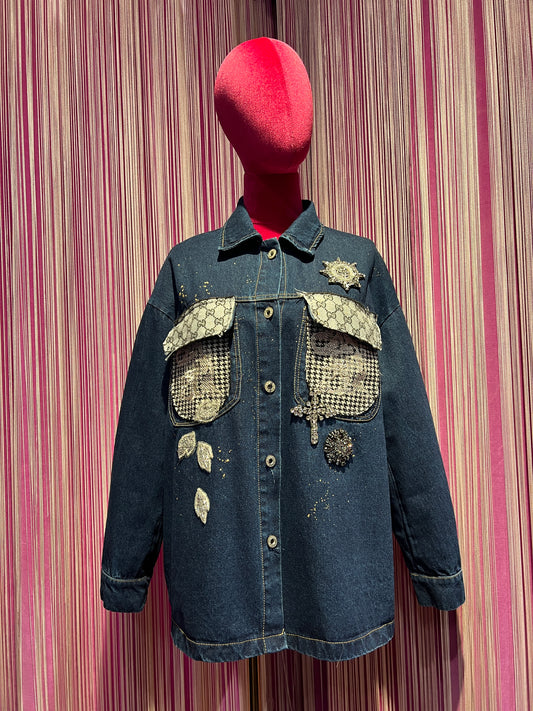 ABpink🩷 giacca camicia con stoffa vintage e tessuto pied dí poule sulle tasche con patch