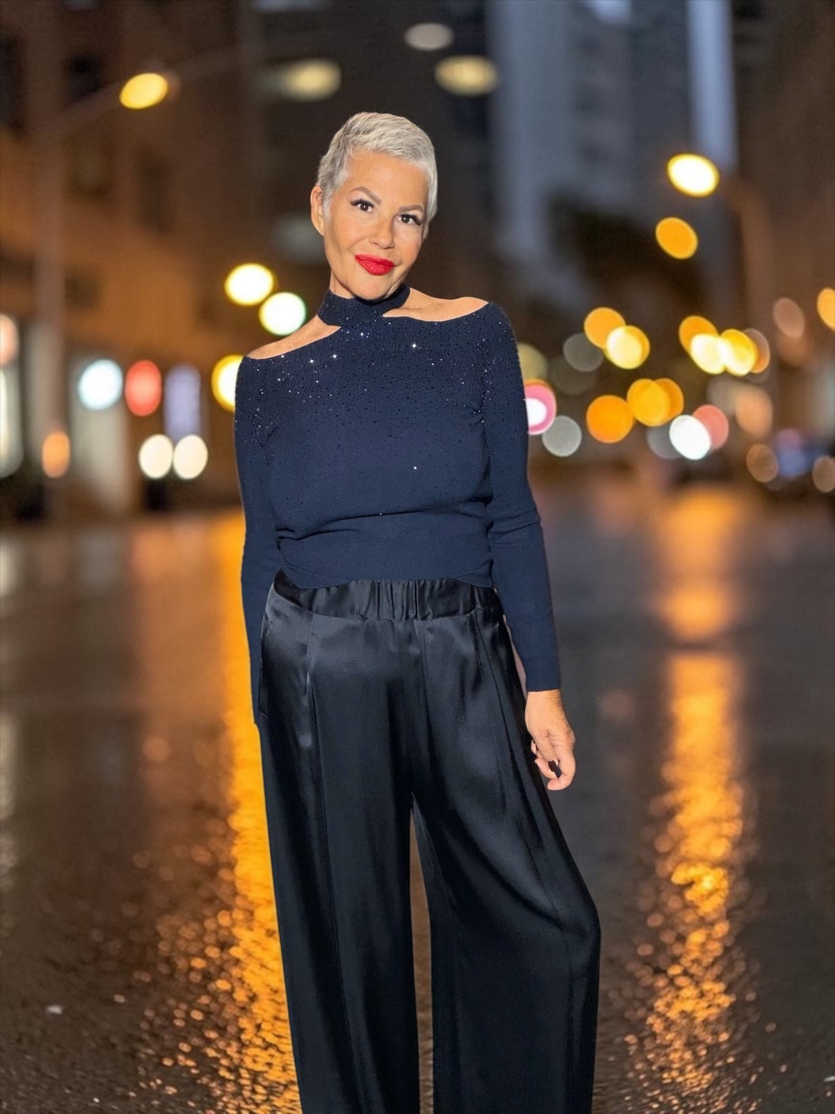 Semicouture pantalone blu notte in satin gamba ampia con elastico in vita