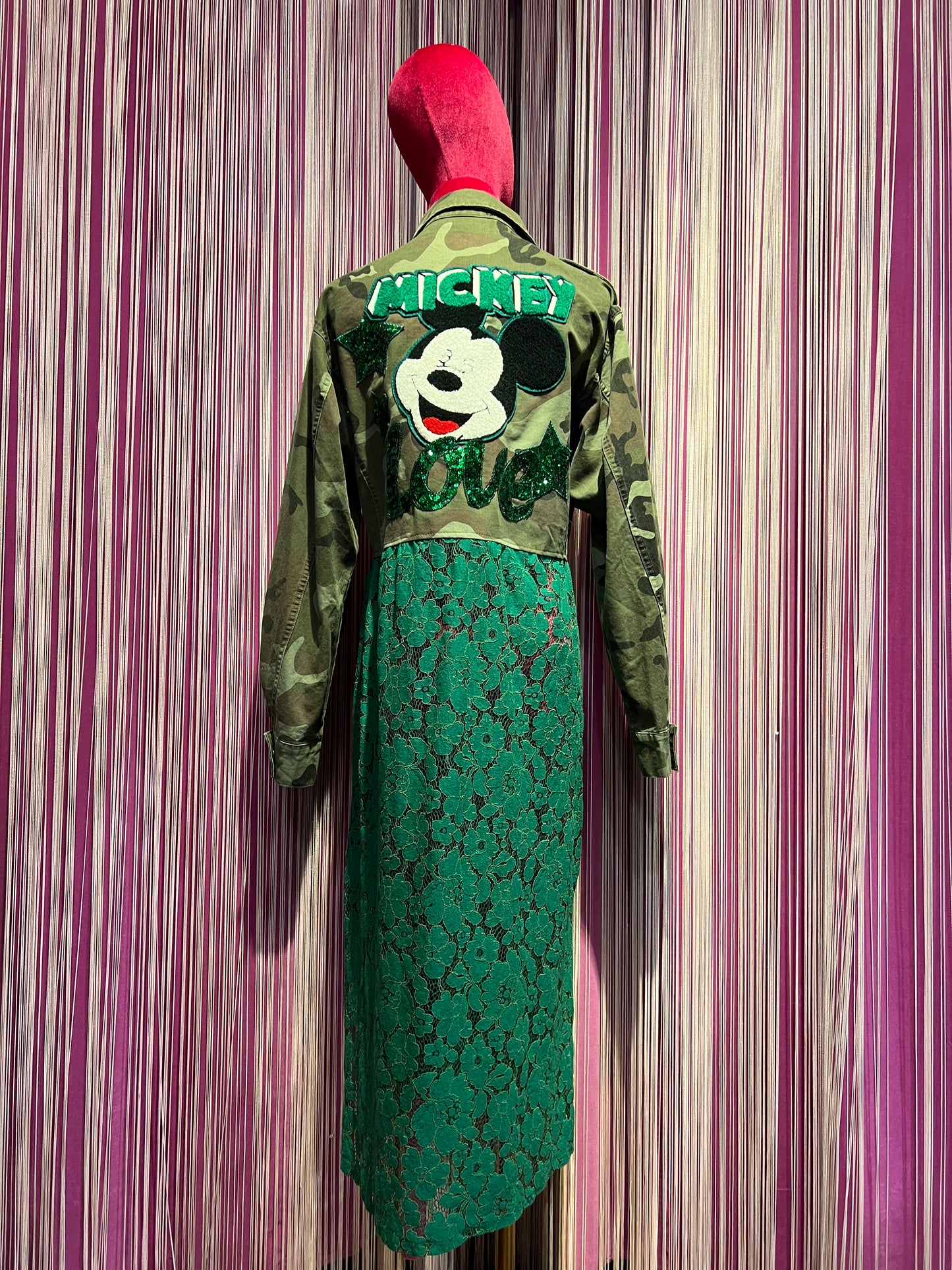 Pds spolverino con patch topolino paillettes e pizzo verde