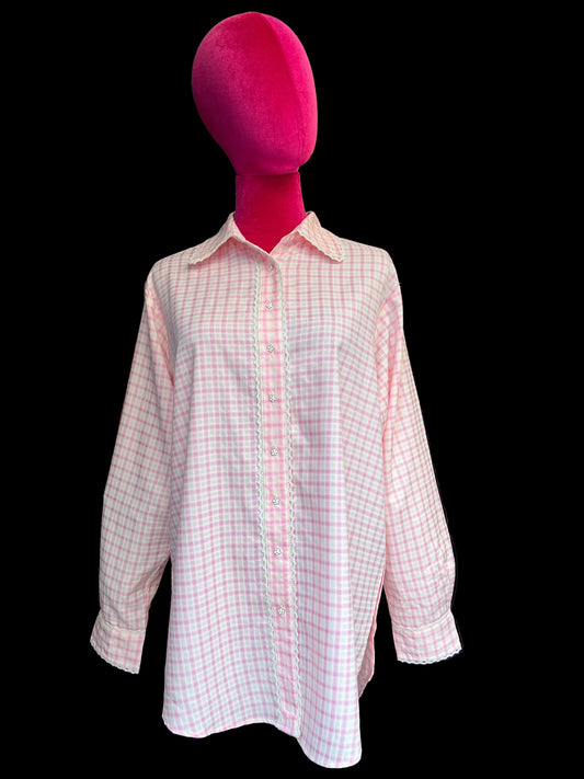 Sincere Paris camicia cotone quadretti rosa e bianchi colletto quadretti con bordo uncinetto