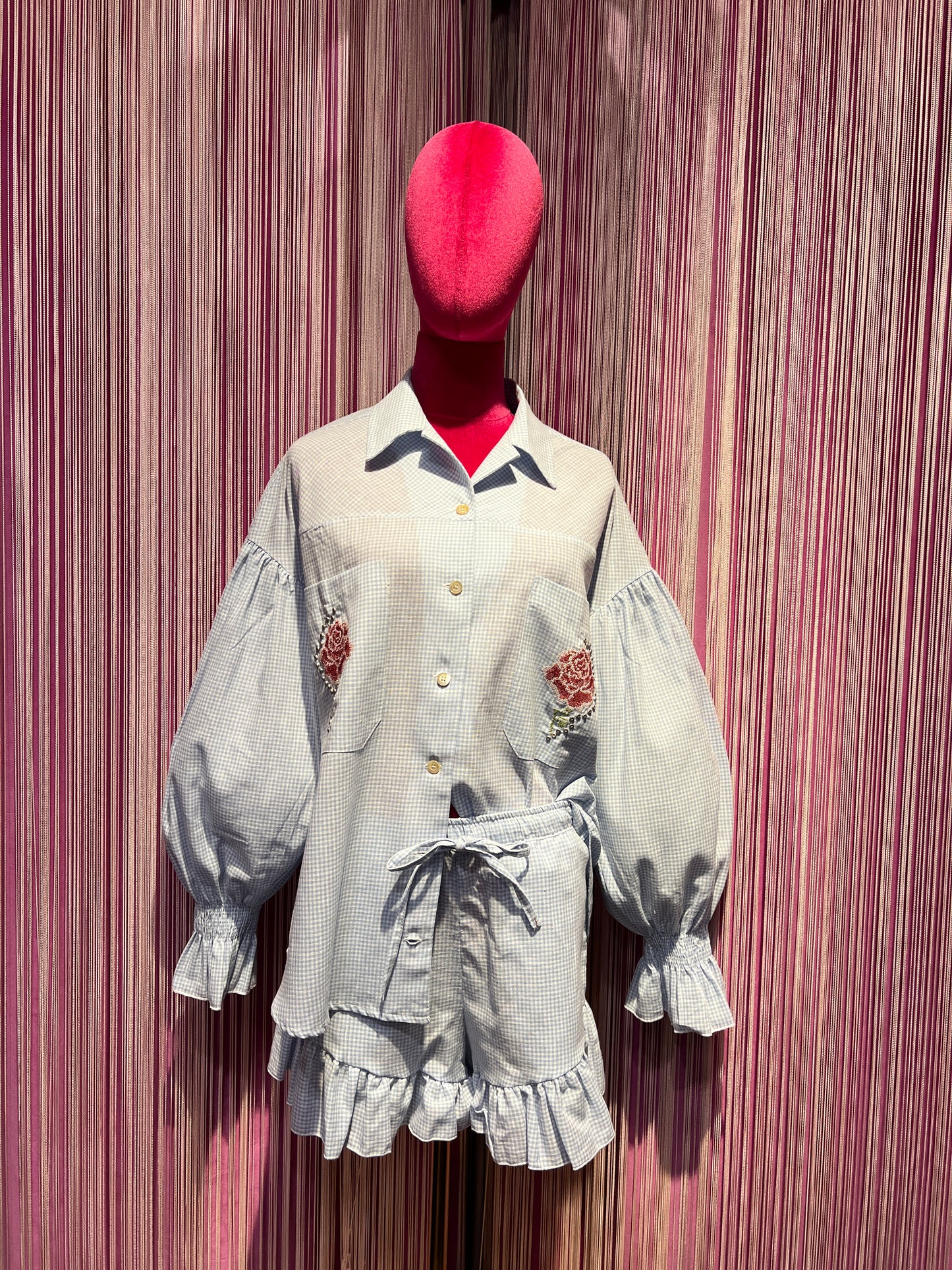 Front street completo camicia e short vichy bianco e celeste