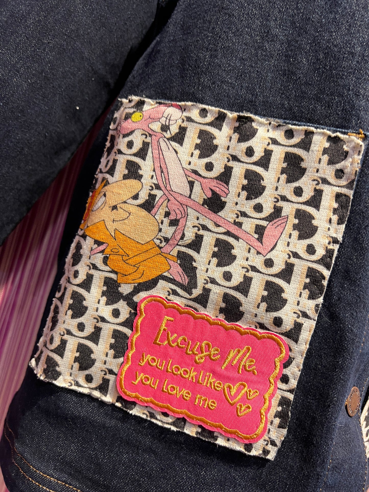 ABpink 🩷 giacca denim con cintura applicazioni pantera rosa