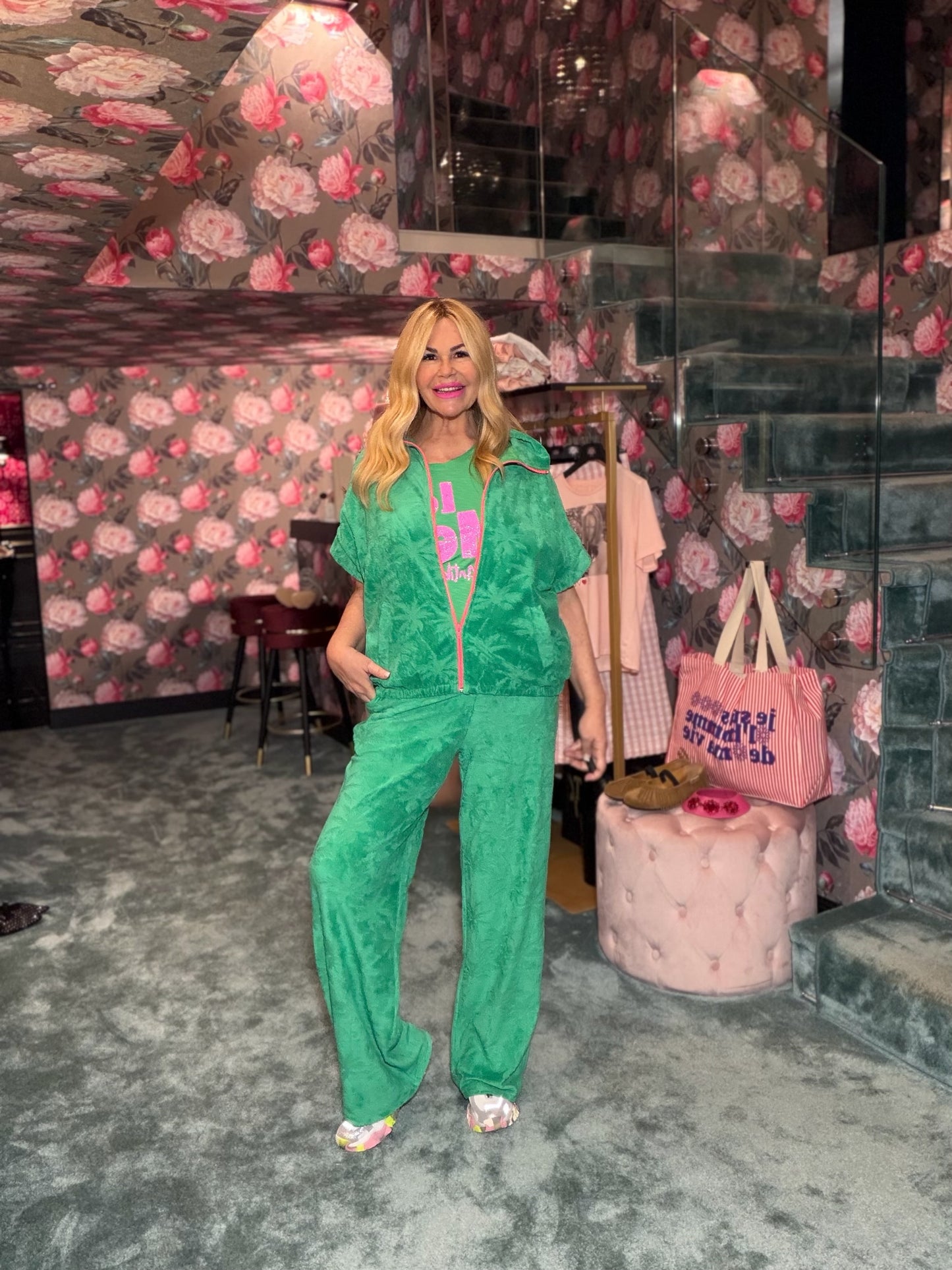 Frok pantalone in spugna verde bandiera disegno palme con elastico in vita