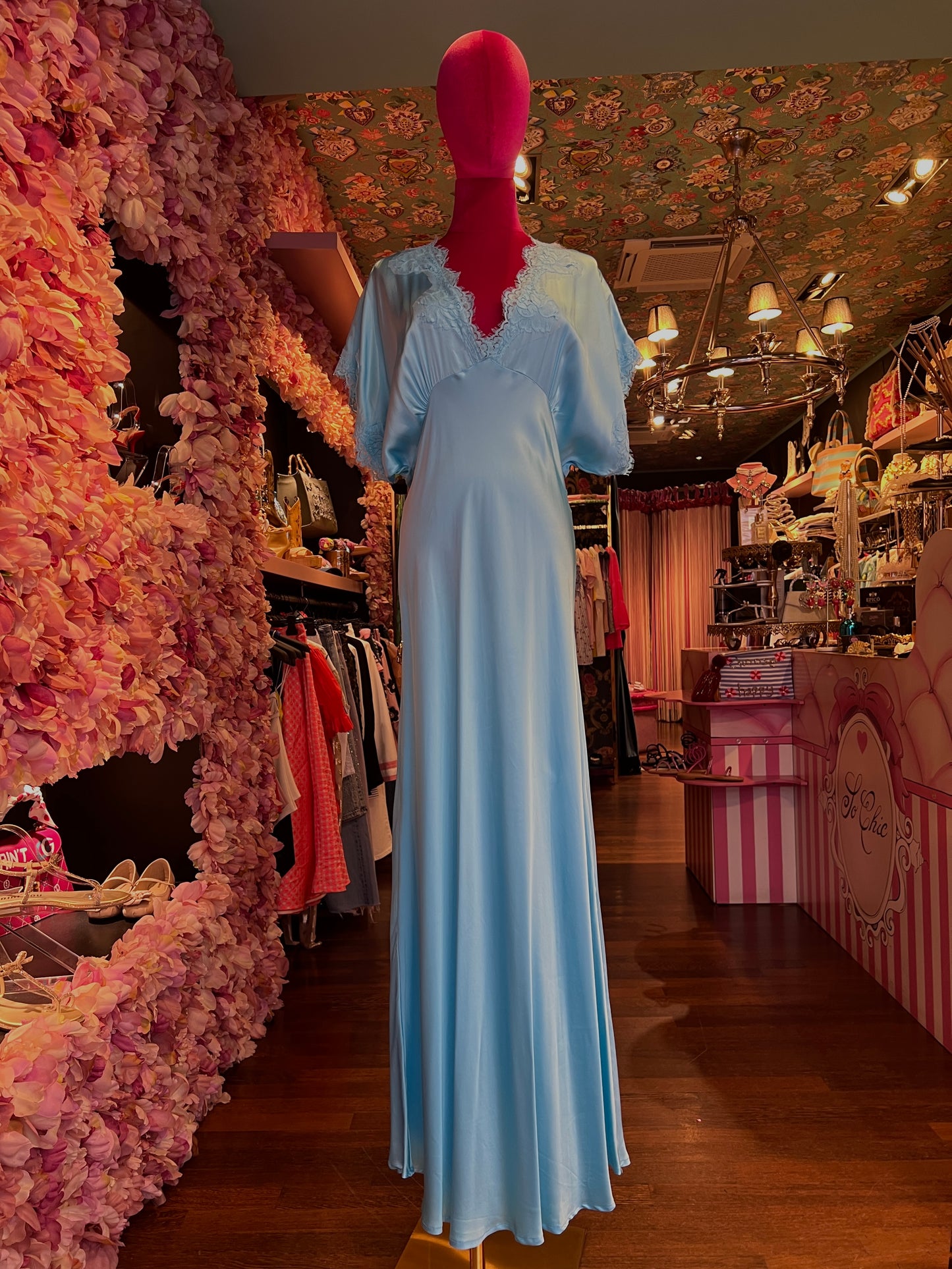 Pink memories -40%abito lungo mezze maniche con pizzo turchese