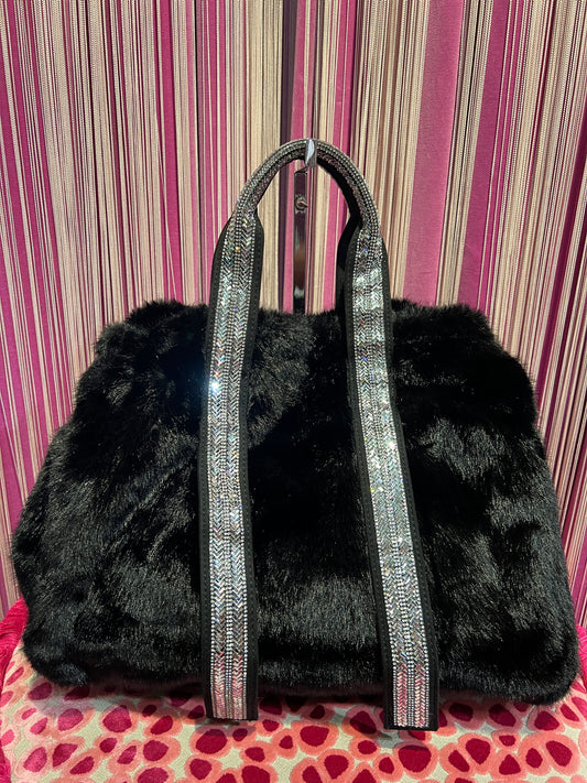 Borsa ecopelliccia nera due manici Swarovski e pochette