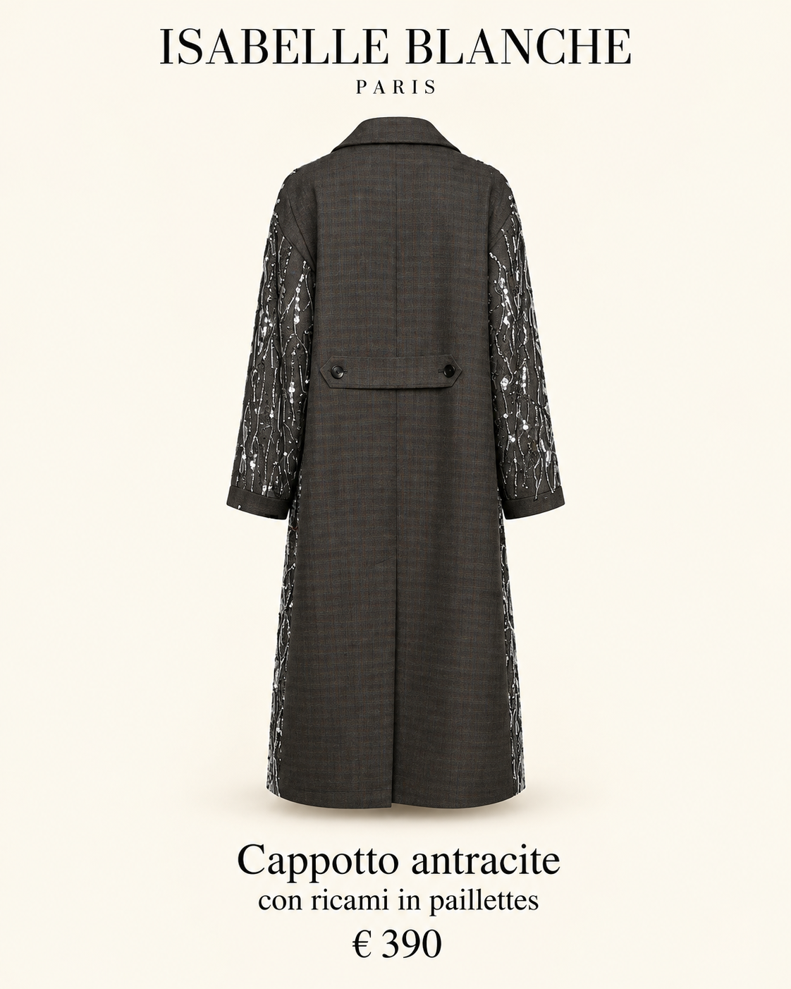 Isabelle Blanche Paris cappotto antracite con ricami paillettes