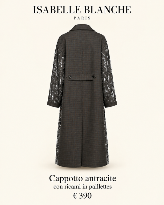 Isabelle Blanche Paris cappotto antracite con ricami paillettes