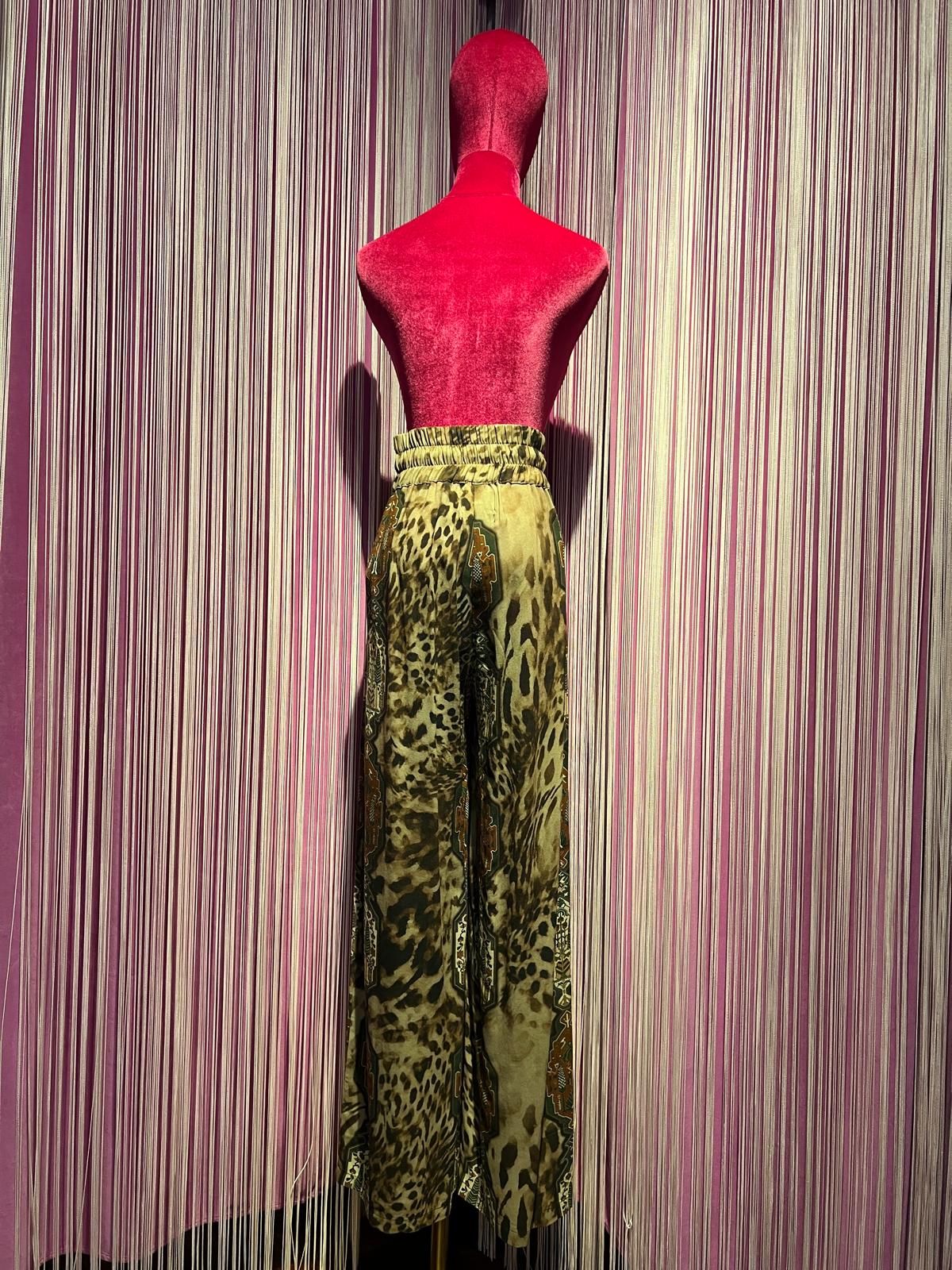 Front street pantalone gamba ampia con elastico in vita , fantasia geometrica su sfondo animalier
