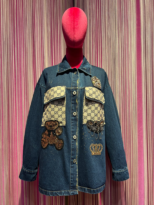 ABpink🩷 giacca camicia jeans con stoffa vintage patch orsetto paillettes oro