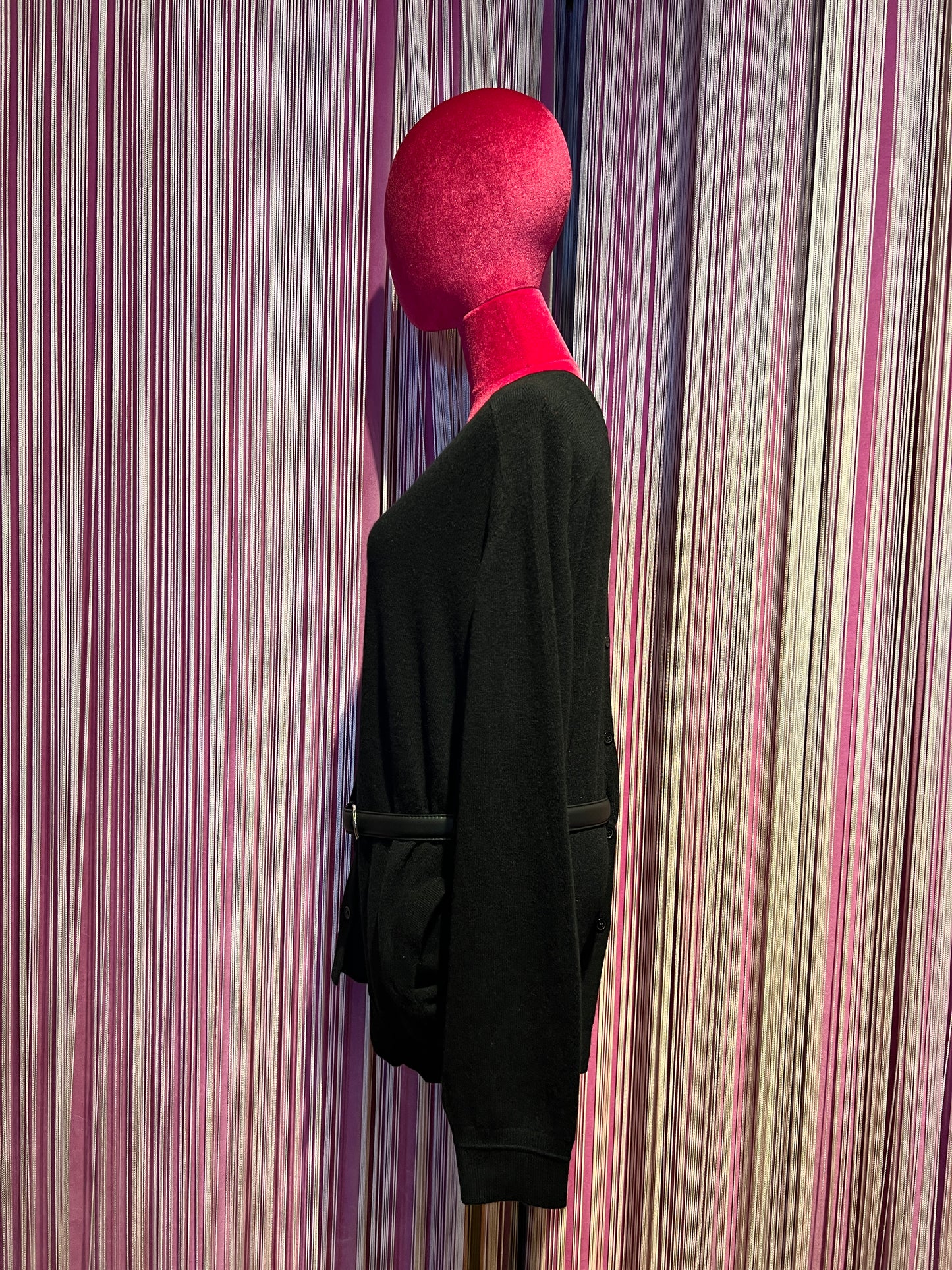 Circus Hotel cardigan nero reversibile fronte-retro in lana e cachemire con cintura vera pelle
