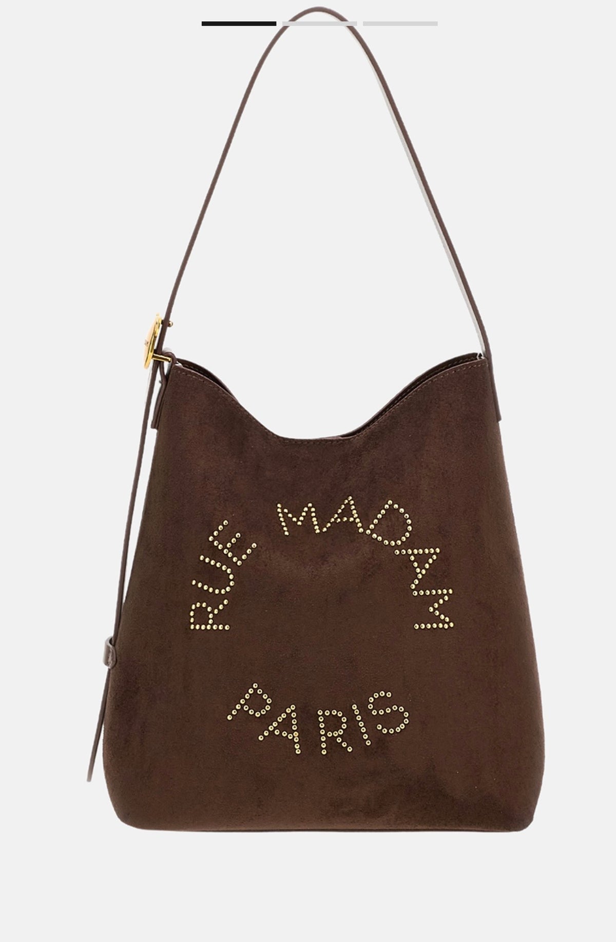 Rue Madam Paris borsa a  secchiello in eco suede cioccolato con logo con micro borchiette dorate