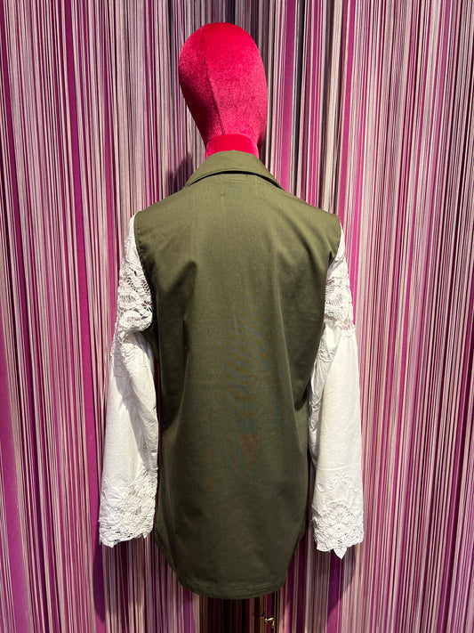 Front street giacca/camicia militare con manica pizzo bianco di cotone vintage