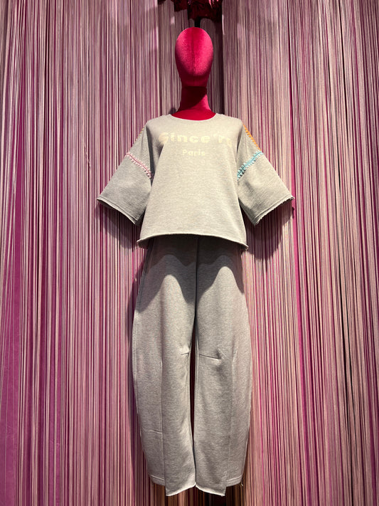 Sincere Paris completo tuta felpa garzata grigia profili colorati e pantalone garzato baloon