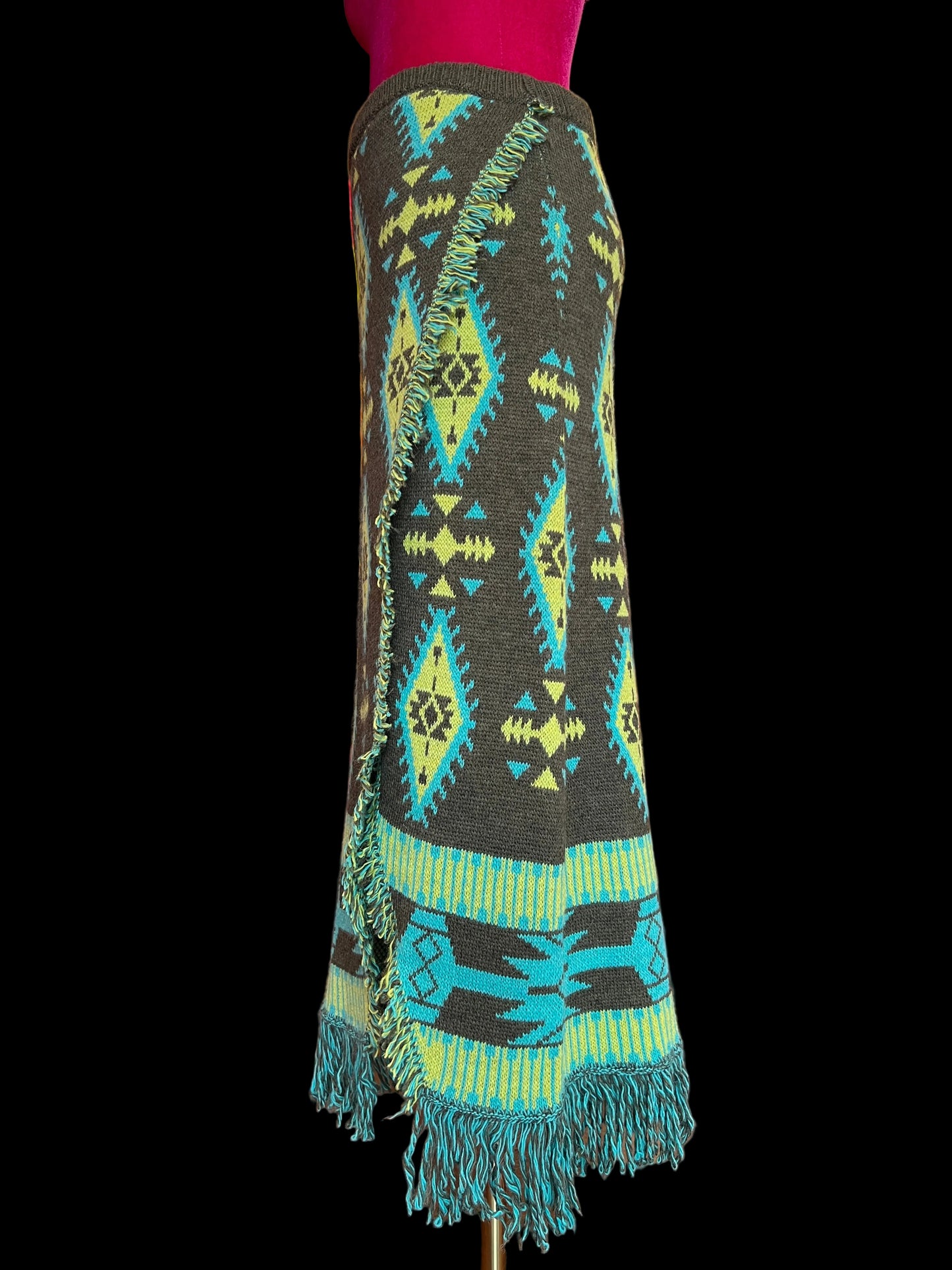 Colour market gonna jacquard con frange verde militare e turchese