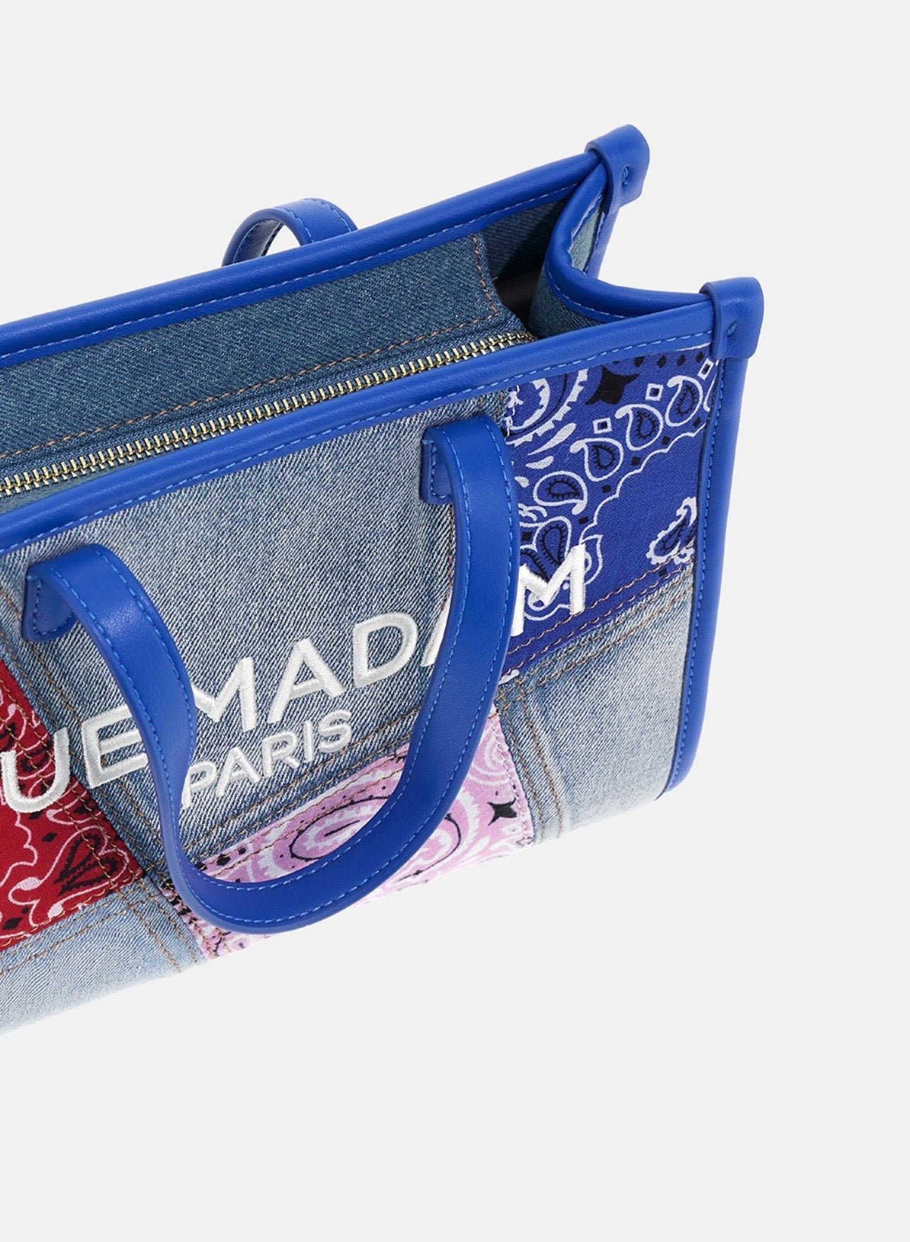 Rue Madam Paris mini shopping denim con patch stampa bandana e tracolla