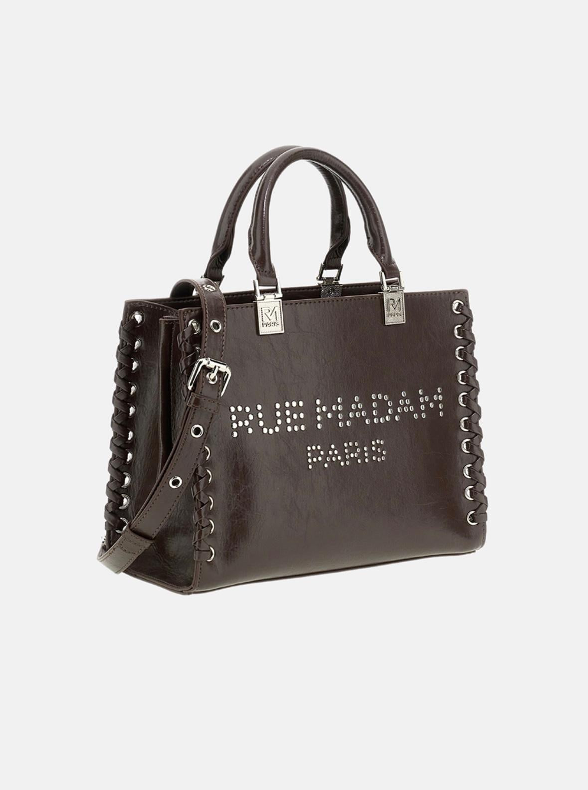 Rue Madam Paris borsa marrone due manici ecopelle lucida effetto craquele’ , logo borchiato impunture laterali con tracolla