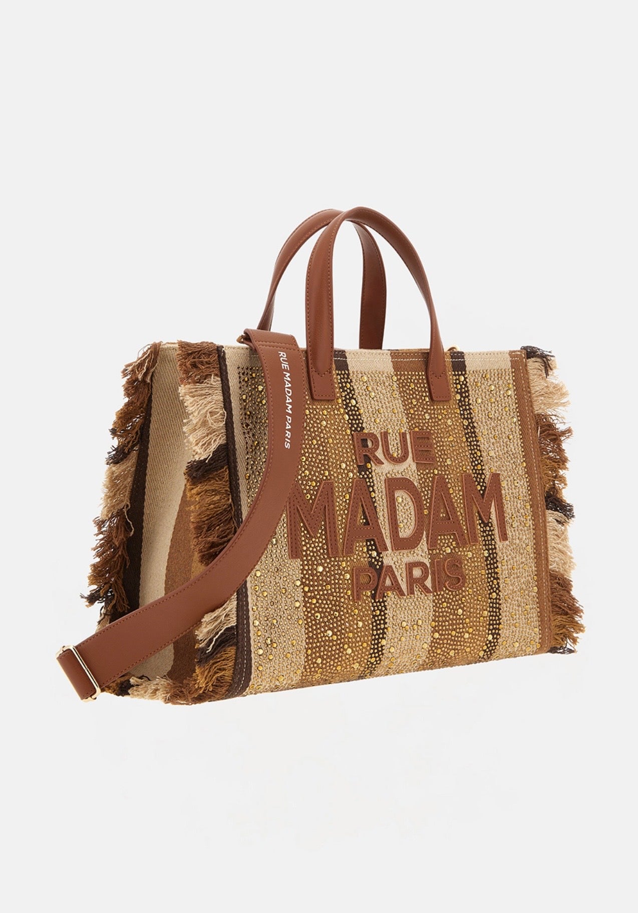Rue Madam Paris borsa Casablanca tote in canvas con frange e strass e tracolla