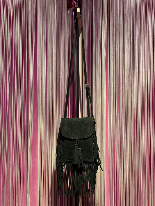 Love & roses borsa TEXAS tracollina in suede con frange, nappina e mini pochette, colore nero
