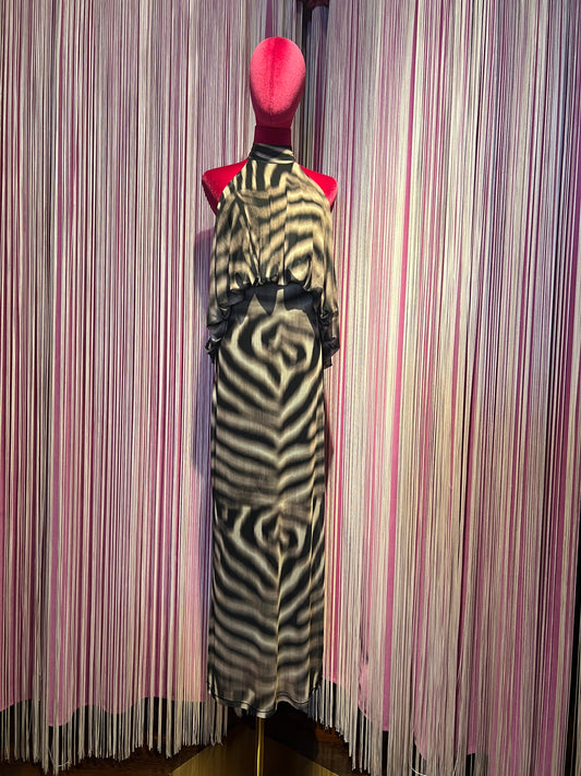 Mon amour Paris abito lungo scollato con elastico in vita stampa animalier