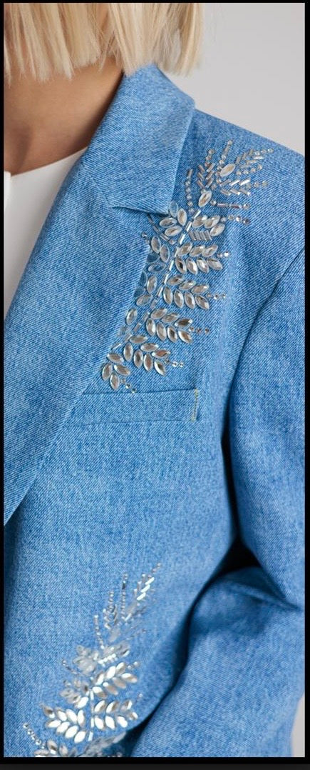 Rossano Perini blazer denim oversize con applicazione foglie strass cristallo