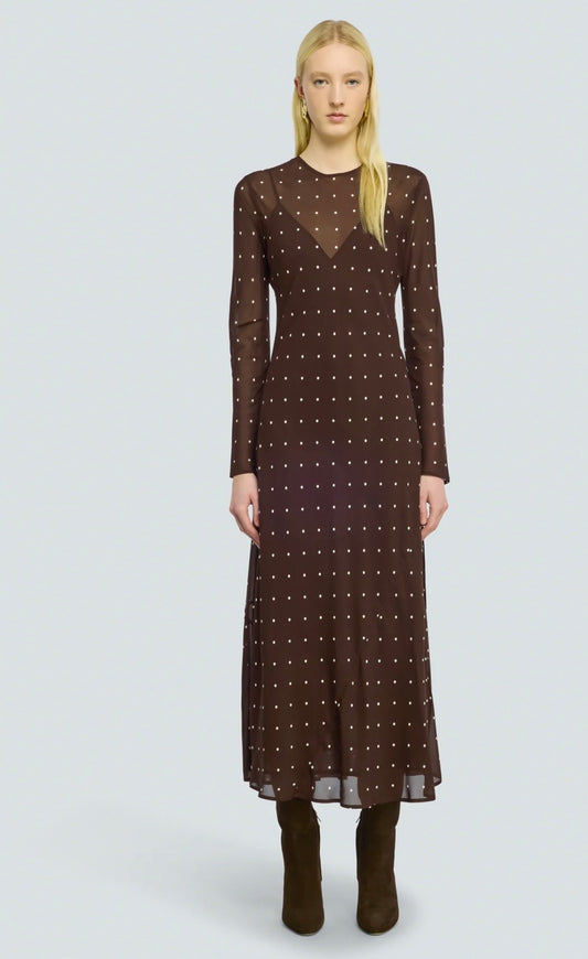 Semicouture abito in georgette stampa a pois bianchi sfondo moka