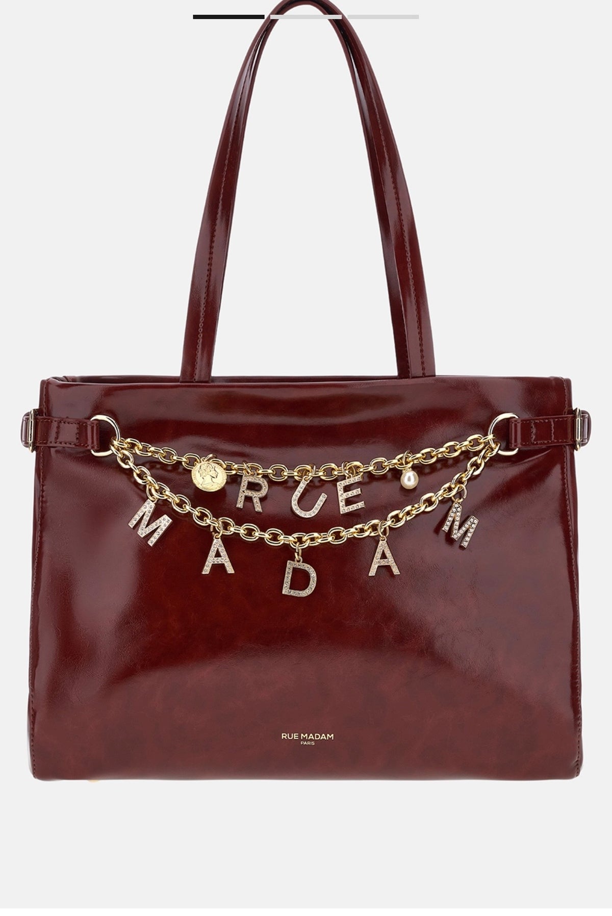 Rue Madam Paris borsa shopping in ecopelle effetto vinile burgundi impreziosita da charms con doppia catena