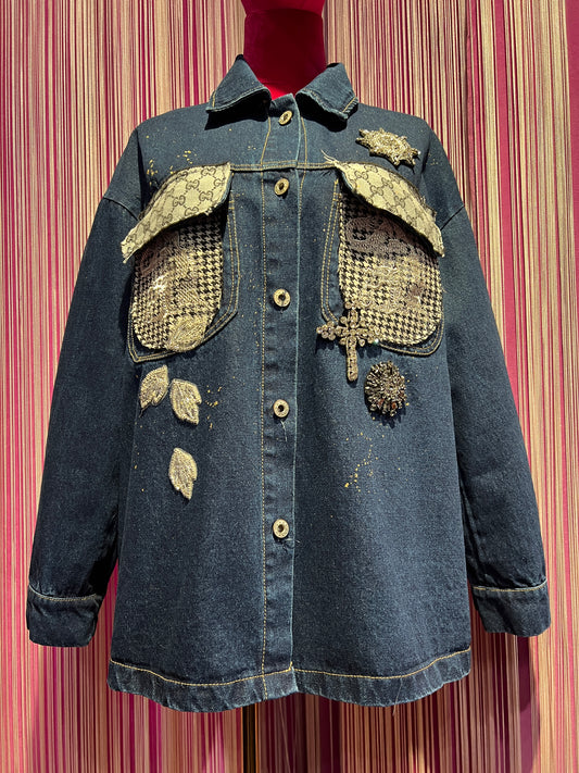 ABpink🩷 giacca camicia con stoffa vintage e tessuto pied dí poule sulle tasche con patch