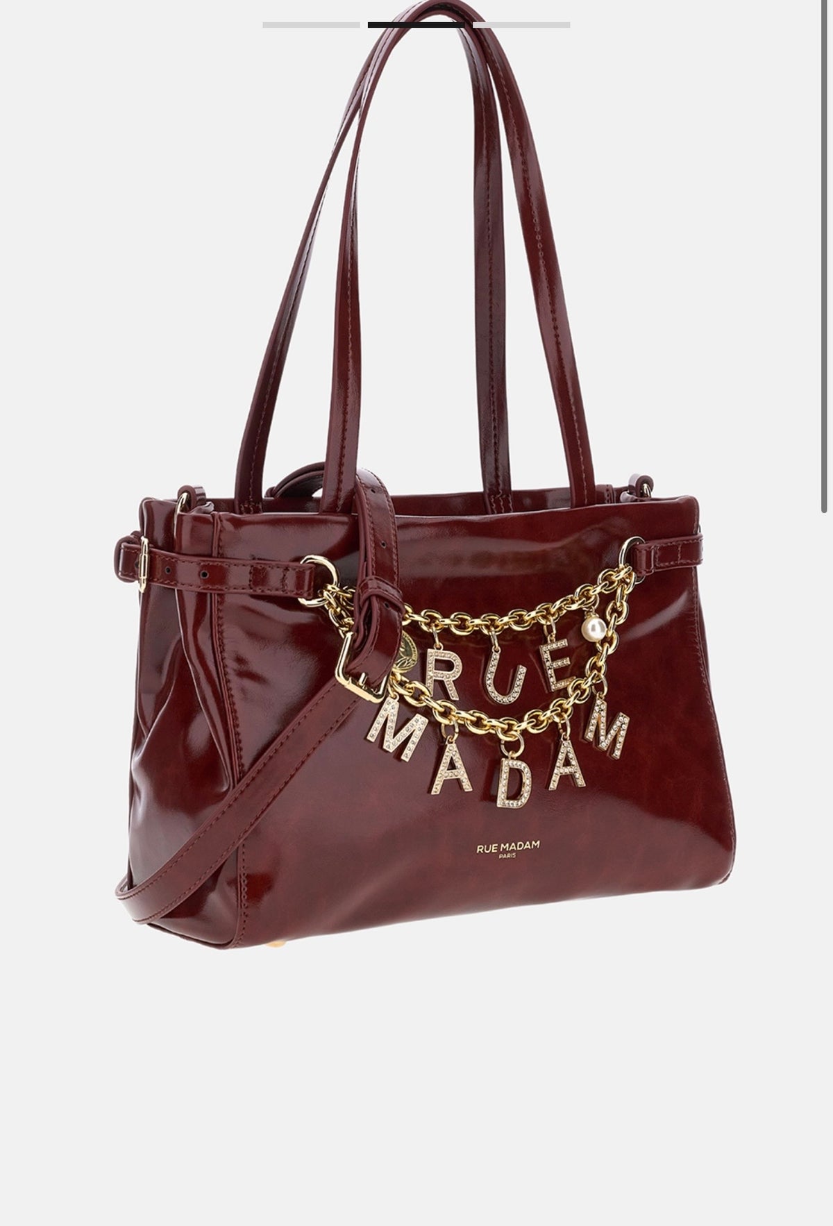 Rue Madam Paris borsa mini in ecopelle effetto vinile burgundi impreziosita da charms con doppia catena