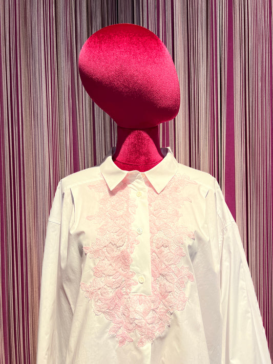 Ermanno Scervino camicia bianca con pizzo rosa fiocco posteriore