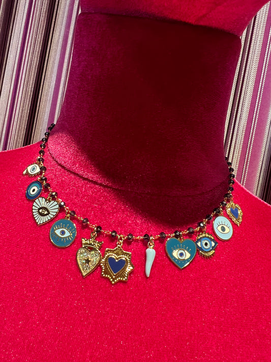 Principessa Glam collana girocollo perline e cuore blu cornetto celeste