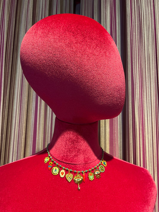 Principessa Glam collana girocollo perline verdi cornetto rosso