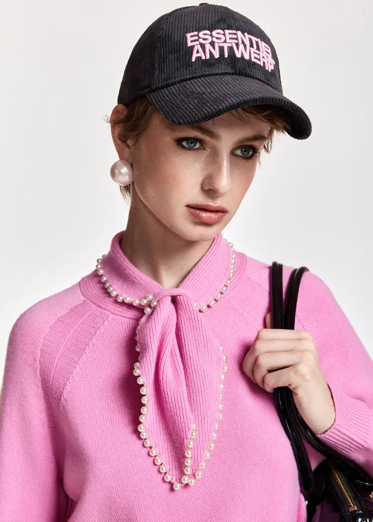 Essentiel antwerp maglia mista lana e cachemire rosa bubble con colletto decorato con perline