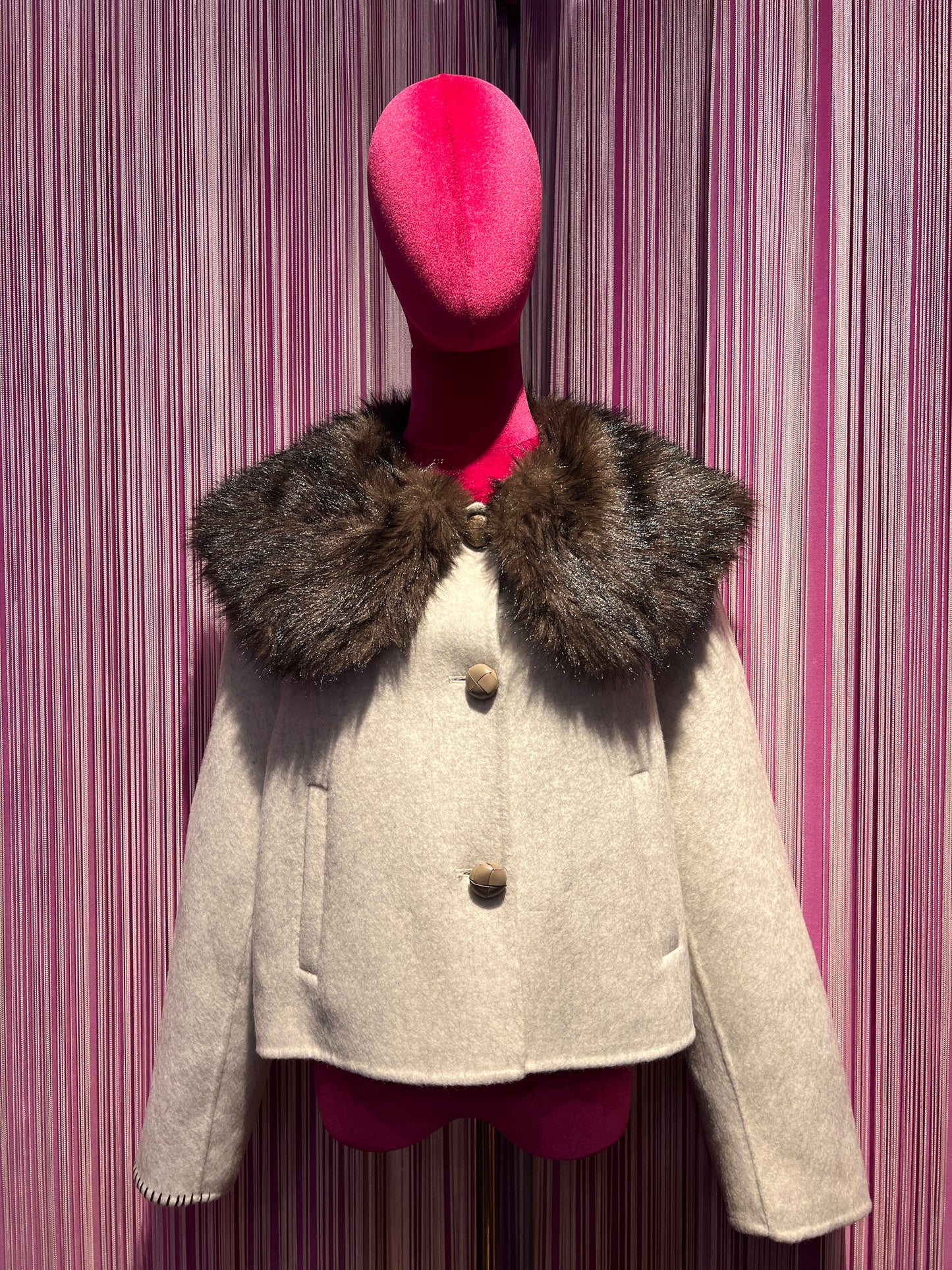 Front street cappotto crop 100% lana con collo pelliccia ecologica removibile
