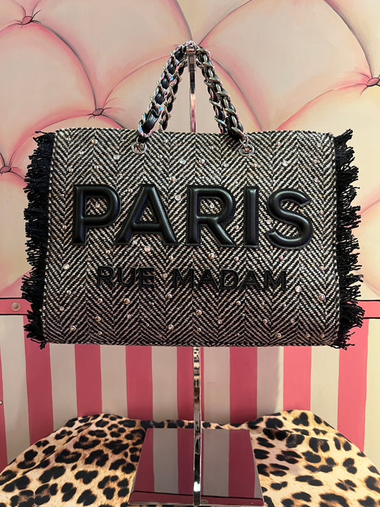 Rue Madam Paris borsa tweed nera due manici con tracolla Harris tote